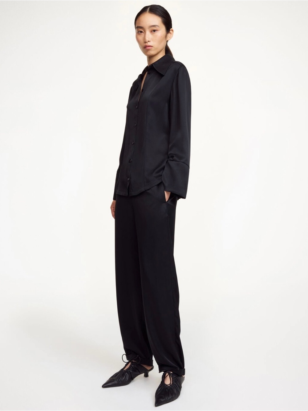 BY MALENE BIRGER Joanni Satin Wide Leg Trousers Women 34 EU 4 US XS Black Cuffed
